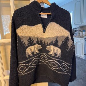 Old Navy Blue and Cream Sherpa Zip-Up Sweater with Bear Motif